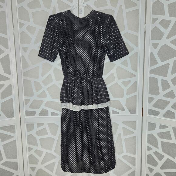VINTAGE Womens Black/White Polka Dot Twee Peplum Midi Dress Retro Handmade 50s - Picture 5 of 5